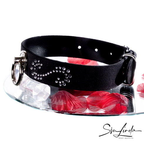 SiaLinda: Halsband Leia Kristall und Ring silber, echt Rinds-Velourleder - SiaLinda.com